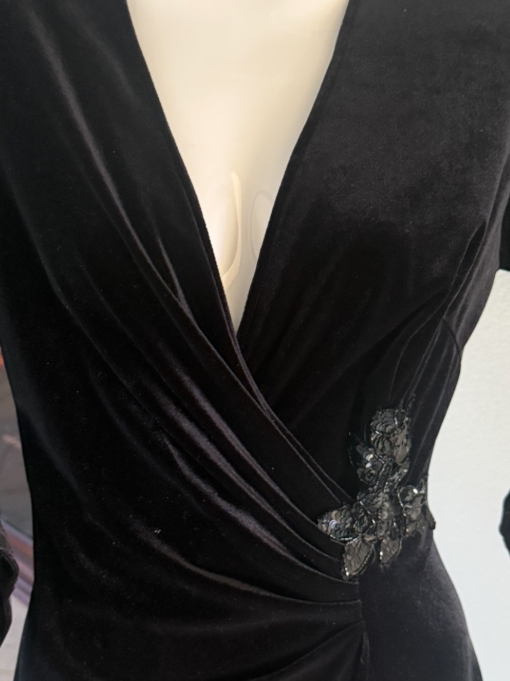 Vintage Black Velvet Wrap Dress with Sequin Applique 12